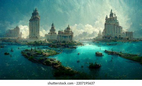 Illustration Of Atlantis, Ancient Civilization, History And Mythology, Legend City Sunken Under The Water 