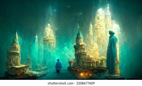 Illustration Of Atlantis, Ancient Civilization, History And Mythology, Legend City Sunken Under The Water
