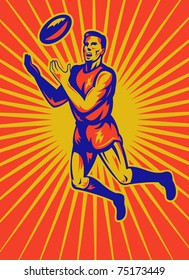 Illustration Of An Aussie Rules Player Jumping Catching Ball Done In Retro Woodcut Style.