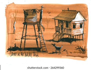 Illustration Of Australian Outback House And Water Tank With Farmer And Crows In Drought Landscape.  