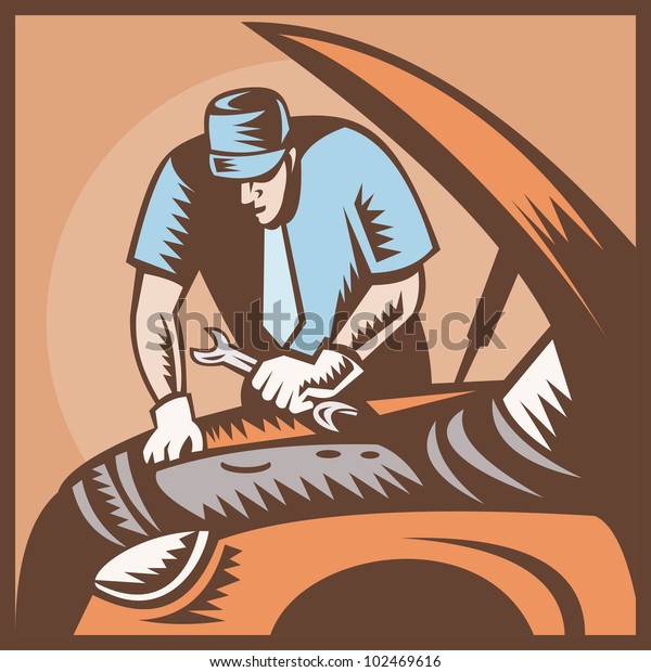 Illustration of an automobile\
auto mechanic repair car with wrench spanner done in retro woodcut\
style.