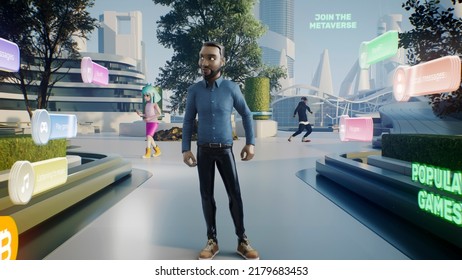 Ilustración de Avatar de una persona en la ciudad virtual de metaverso, con el menú de selección y otras personas a su alrededor, se saca la cabeza de su vr y aparece en la sala real y mira el