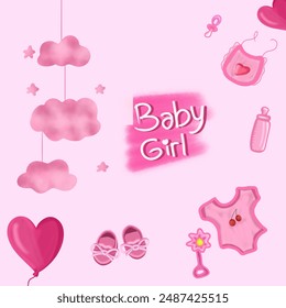 Illustration of baby girl clothes and accessories on a pink background. Shower clouds. Greeting cards and invitations for the celebration of the birth of a baby girl - Powered by Shutterstock