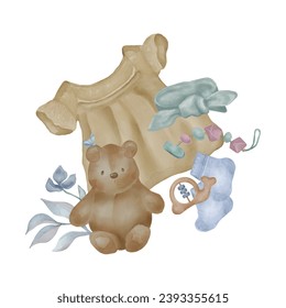 Illustration with baby girl dress and teddy bear isolated on white background. Hand drawn abstract flower delicate shades. Baby toys. Elements for newborn card, invitation, poster, birthday party - Powered by Shutterstock