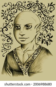 Illustration Of A Baby Vampire Completely Bald And With Pointed Ears