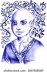 Illustration Of A Baby Vampire Completely Bald And With Pointed Ears