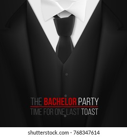 Illustration Of The Bachelor Party Invitation Template. Realisti Black Suit With Neck Tie