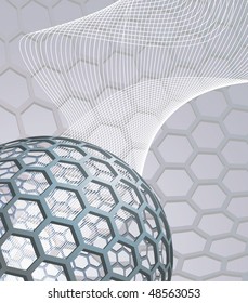 illustration background with buckyball or buckminsterfullerene and abstract mesh wave graphic