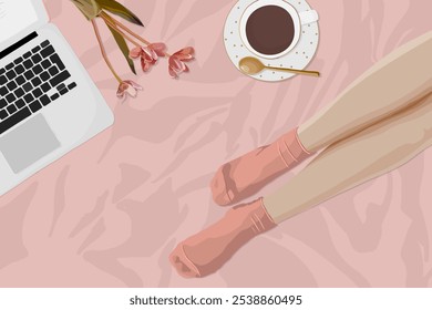 Illustration background of a cozy scene with a laptop, coffee, and flowers. Relaxing atmosphere with a focus on comfort and leisure. Perfect for a cozy, relaxing vibe. - Powered by Shutterstock