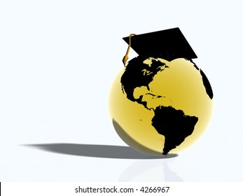 Illustration, background of golden glass world globe with american continent wearing a graduation hat.  Globalization, education concept.