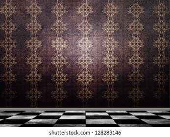 Illustration of background in with pattern wallpaper and checkered tile floor.