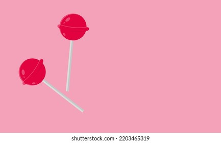 Illustration For Background Of Two Candy Lollipops. Strawberry Flavor Red Hard Candy Lollipops On Pink Background. Sweets And Treats.