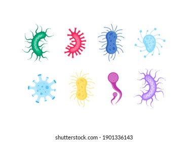 Illustration Of Bacteria And Microbe Organism Allergen On White Background. Set Of Colorful Bacterium And Germs. Icon Of Micro-organisms. 