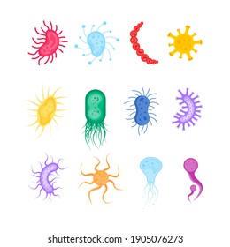 Illustration Of Bacteria And Microbe Organism Allergen On White Background. Icon Of Micro-organisms. Set Of Colorful Bacterium And Germs. 