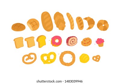 Illustration of baked goods. Icons for the site. Delivery of fresh bakery and confectionery. Signs, logo for the store and packaging. Delicious bread, bagels and pastries. - Powered by Shutterstock