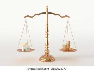 Illustration of balancing house and money, 3D, 3D rendering