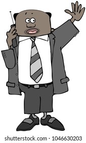 Illustration of a balding black businessman waving while talking on his mobile phone.