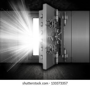 Illustration of a bank vault in a grunge interior with light beams coming out of open door