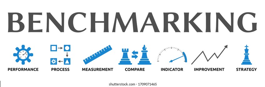 Illustration banner on the topic: "Benchmarking" with symbols. Isolated on white background.