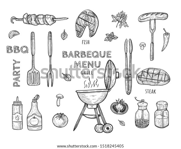 バーベキューオブジェクトセットのイラスト 道具 グリル ソース 肉 魚 スパイス 手描きの落書き のイラスト素材