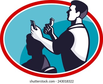 Illustration of a barber hairdresser cutting hair in barber shop viewed from the side set inside ellipse oval shape done in retro style. - Powered by Shutterstock