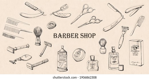 Illustration of a barbershop tools collection set. Barber shop instruments. Scissors, razor, blade, perfume, comb, shaving brush, hair brush, wax. Vintage hand drawn. - Powered by Shutterstock