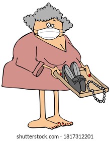 Illustration Of A Barefoot Old Woman Wearing A Face Mask And Going Through A TSA Line With Her Belongings On A Tray.