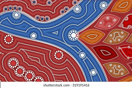 An illustration based on aboriginal style of dot painting depicting river bifurcation