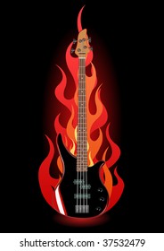 Illustration of bass guitar in flames on black background