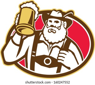 Illustration Of A Bavarian Beer Drinker Raising Beer Mug Drinking Looking Up Wearing Lederhosen And German Hat Set Inside Oval Done In Retro Style.