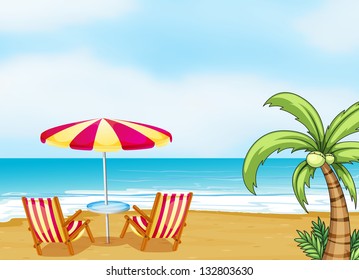 Illustration of the beach with an umbrella and chairs - Shutterstock ID 132803630