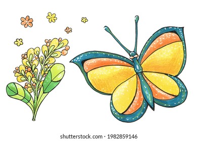 Illustration of beautiful exotic butterfly with colorful wings and flowers. Tropical flying insect.