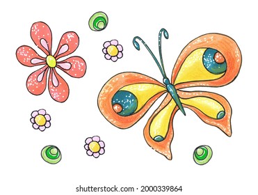 Illustration of beautiful exotic butterfly with colorful wings and flowers. Tropical flying insect. Yellow butterfly with a pattern.The picture is drawn with markers. Hand drawing.