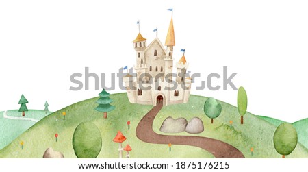 Illustration of Beautiful fairytale path leading to the castle on hill. Watercolor castle on a hill surrounded by trees, mushrooms and plants