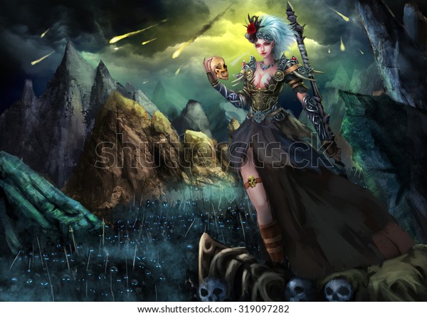 イラスト 美しい女性の幽霊は 命に関わる力と 恐ろしい暗黒の骸骨の軍隊を持って歩いている マンガ風の壁紙の背景シーンデザイン のイラスト素材