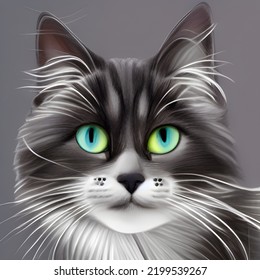 Illustration beautiful gray long hair cat and green eyes 
