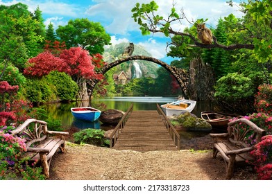 Illustration of a beautiful landscape, boats on the lake at the pier. Photo wallpapers. The fresco. Wallpaper on the wall for the living room. - Powered by Shutterstock