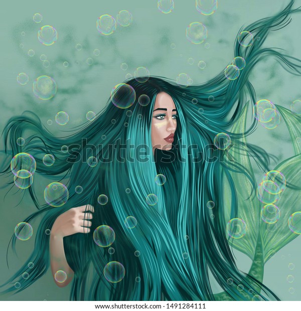 Illustration Beautiful Mermaid Green Hair Floating Stock