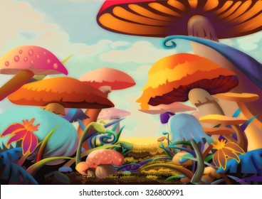 Illustration: A Beautiful Mushroom Land. It Looks Like You Can Walk Into A Story By This Path. Realistic Cartoon Style Scene / Wallpaper / Background Design.