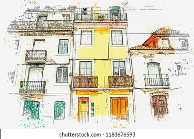 illustration. Beautiful old houses on the street in Lisbon in Portugal. Traditional European architecture.