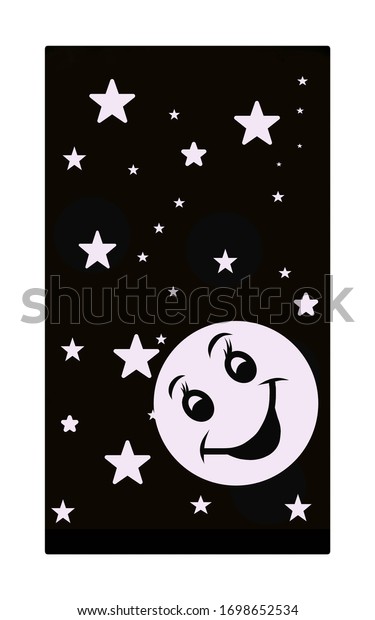Illustration\
of a beautiful sky background for kids, with stars and moon ,black\
sky, cartoon , kids background , night\
scene
