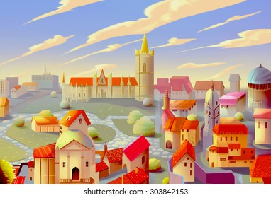 Illustration: A Beautiful Town With Different Skye. Realistic / Cartoon Style. Fantasy Topic. Scene / Wallpaper / Background Design.