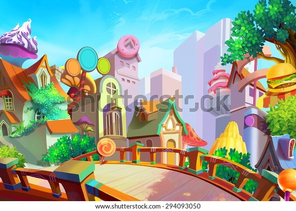 イラスト 朝空から食べ物が落ちてくる美しい町 素敵な娘のルルとピザを橋の上から取り除いたfantastic Cartoon Style 壁紙 背景 シーンデザイン のイラスト素材
