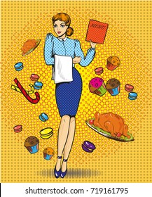 Illustration of beautiful woman with menu. Waitress character, sweets, pastry, roasted turkey in retro pop art comic style.