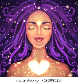 illustration of a beautiful woman on a dark background with a shining heart. Symbol of self-love, spiritual awakening and intuition