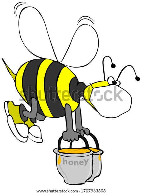 蜂がフェイスマスクを着てバケツ1杯分の蜂を運ぶ様子を描いたイラスト のイラスト素材