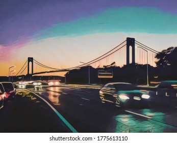 Illustration Of Belt Parkway Traffic Against Verrazano Bridge.