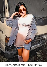 illustration of a bespectacled easy woman posing beside a truck.
