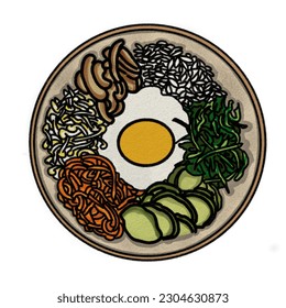 illustration bibimbap and eeg mushroom carrot rice bean sprouts   vegetables and brown bowl white background 