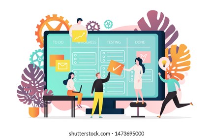 Illustration Of Big Computer And Programmer Team Moving Cards On Electronic Kanban Task Board. Online Kanban Board App, Agile Visual Project Management Method, Teamwork Concepts.